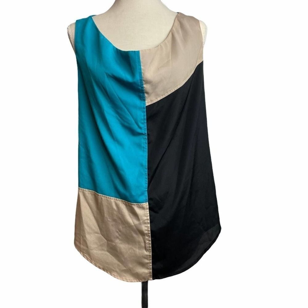 Allen B Blue Black Cream Color Block Sleeveless Round Neck Blouse size XL